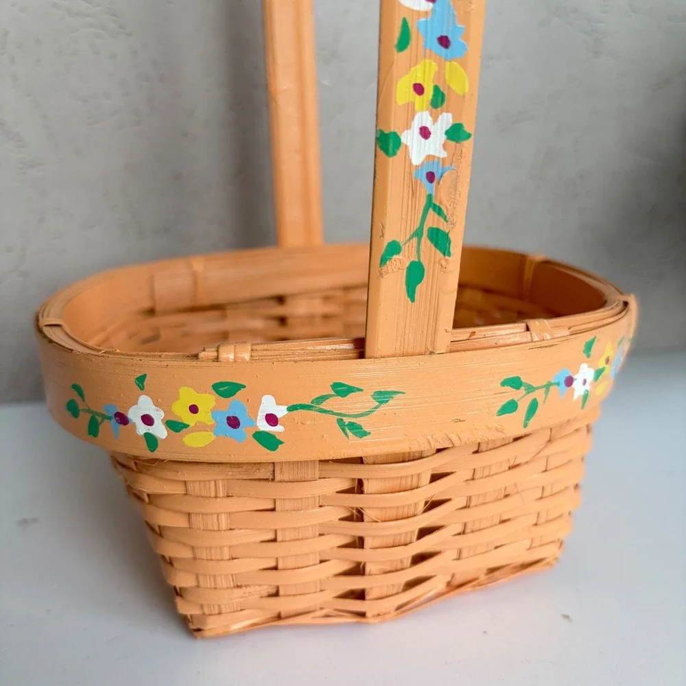 Vintage Hand Painted Woven Wood Floral Basket Peach Orange Cottagecore Decor
